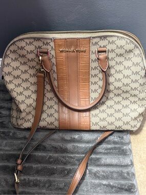 Michael Kors Brown Logo Dome Satchel with Tan Trim